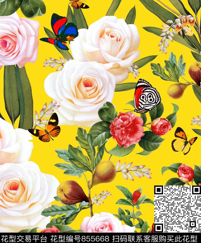 花卉植物花卉花与蝴蝶数码印花华亿平台下载（图片编号: 855668） - 瓦栏（Walan）
