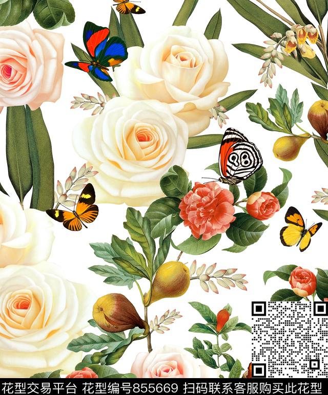 花卉植物花卉花与蝴蝶数码印花华亿平台下载（图片编号: 855669） - 瓦栏（Walan）