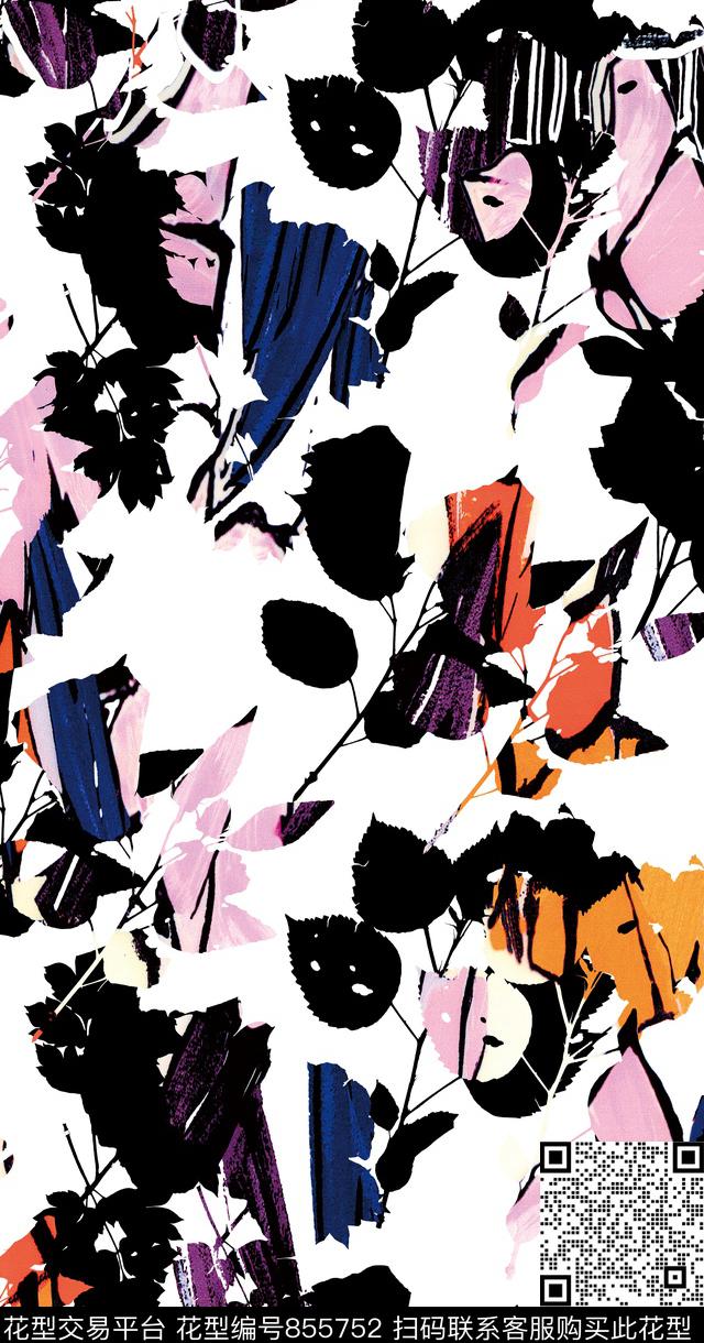 抽象花水彩笔画植物剪影数码印花华亿平台下载（图片编号: 855752） - 瓦栏（Walan）