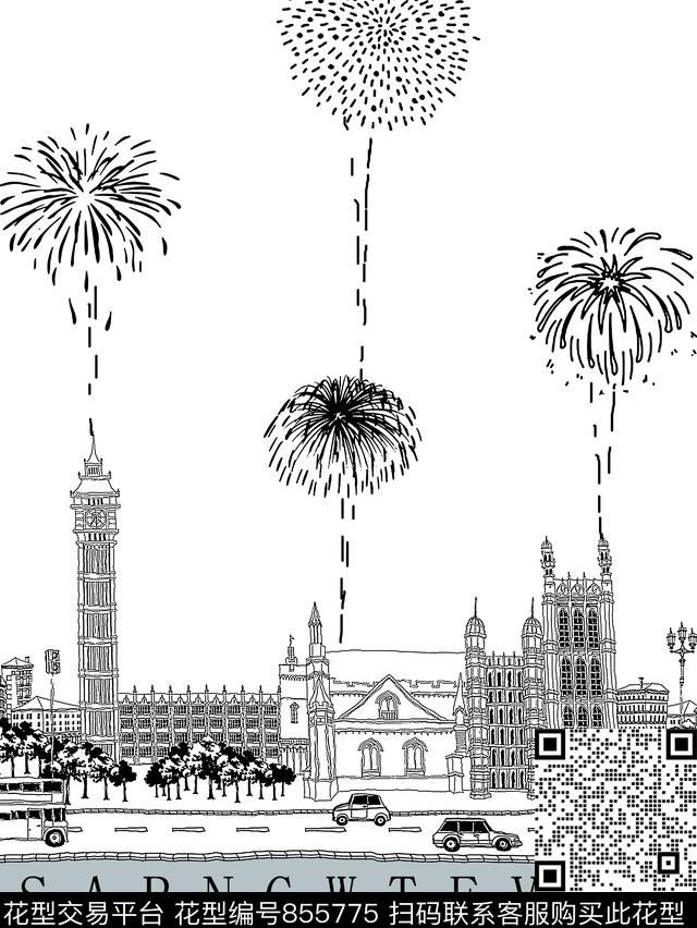 城市风景烟花男装T恤华亿平台传统印花华亿平台下载（图片编号: 855775） - 瓦栏（Walan）