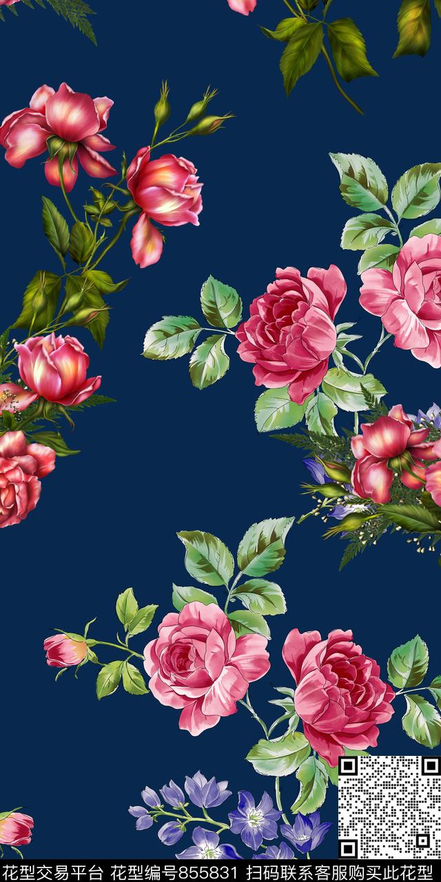 花卉1/2跳接玫瑰数码印花华亿平台下载（图片编号: 855831） - 瓦栏（Walan）