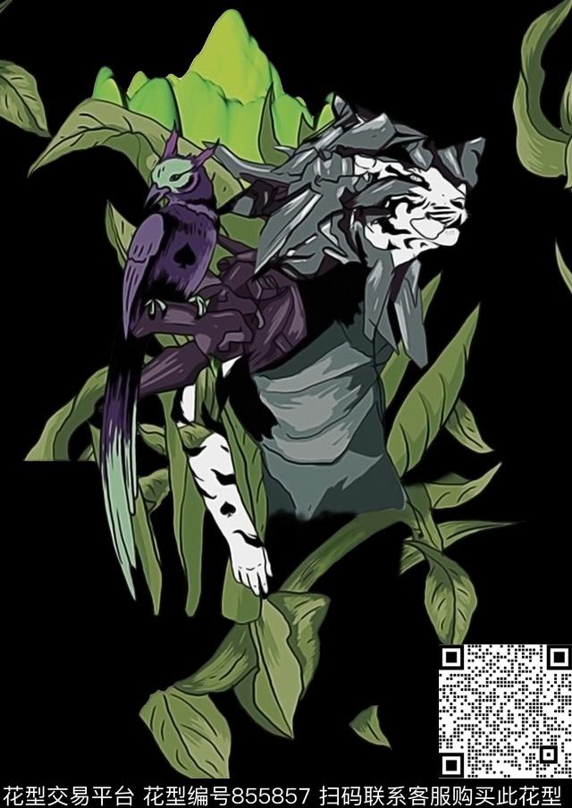 老虎动物花纹鸟花草图案手绘人身动物传统印花华亿平台下载（图片编号: 855857） - 瓦栏（Walan）