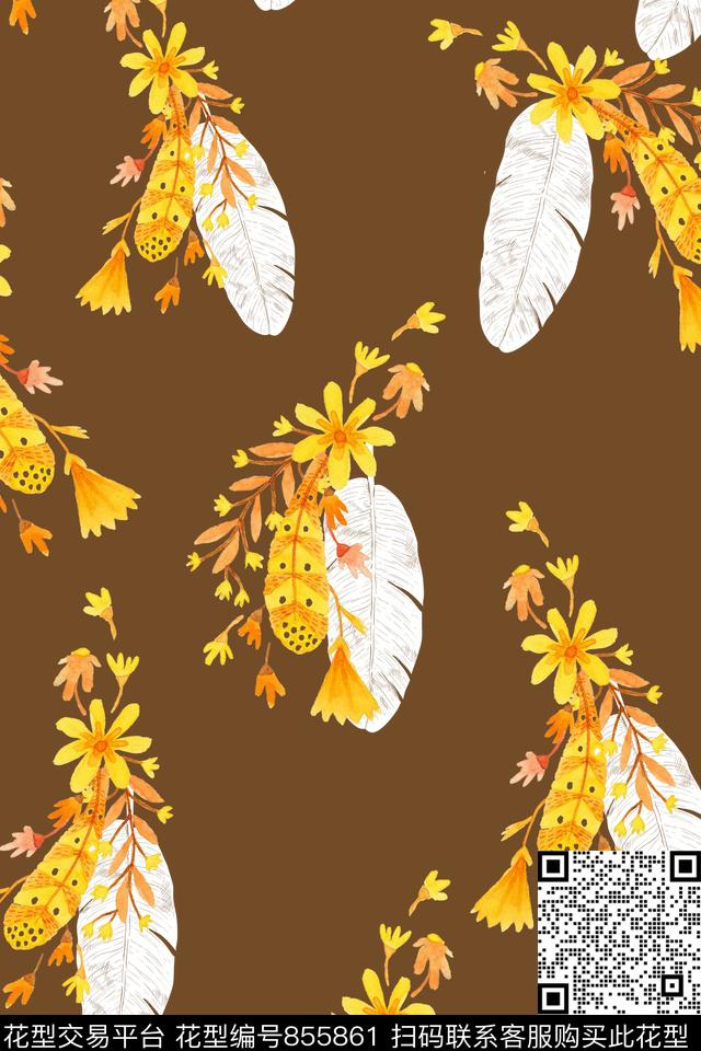 波西米亚民族风羽毛数码印花华亿平台下载（图片编号: 855861） - 瓦栏（Walan）