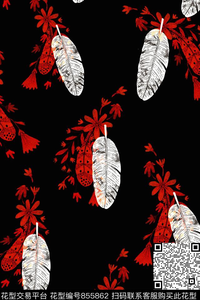 波西米亚民族风羽毛数码印花华亿平台下载（图片编号: 855862） - 瓦栏（Walan）