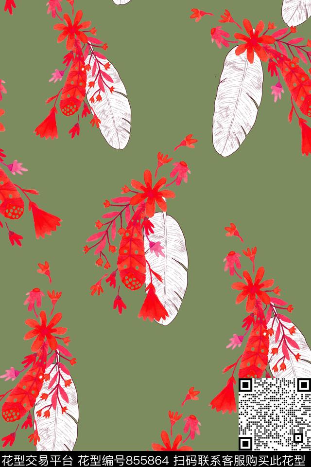 波西米亚民族风羽毛数码印花华亿平台下载（图片编号: 855864） - 瓦栏（Walan）