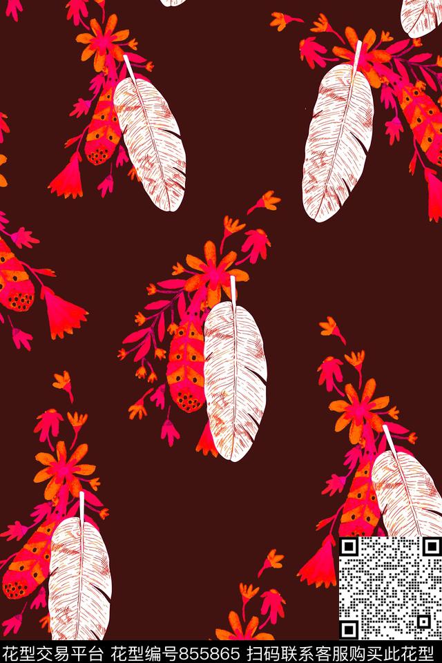 波西米亚民族风羽毛传统印花华亿平台下载（图片编号: 855865） - 瓦栏（Walan）