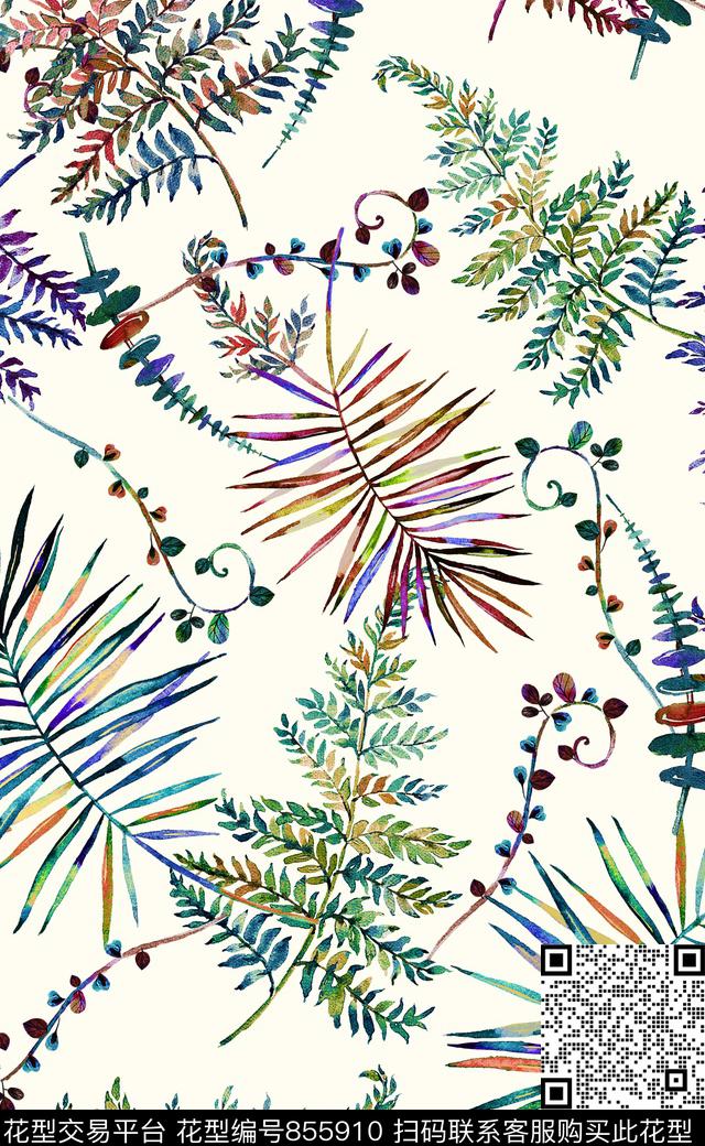 复古花卉热带叶子热带花卉数码印花华亿平台下载（图片编号: 855910） - 瓦栏（Walan）