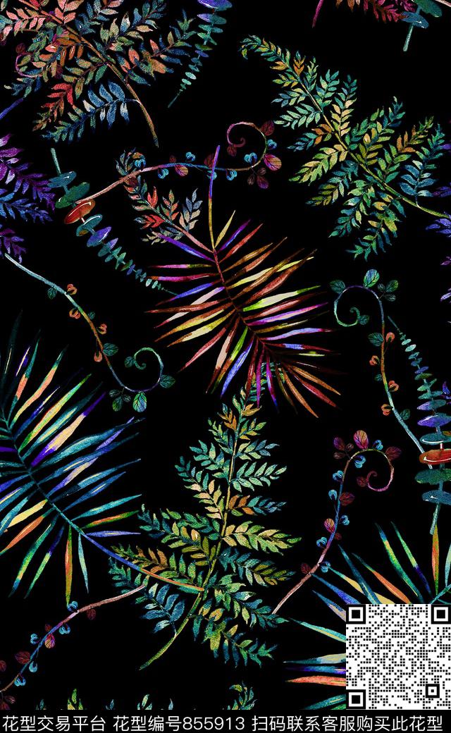 复古花卉热带叶子热带花卉数码印花华亿平台下载（图片编号: 855913） - 瓦栏（Walan）