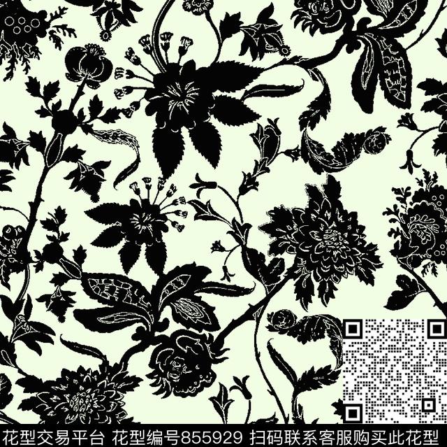花朵花卉黑白花传统印花华亿平台下载（图片编号: 855929） - 瓦栏（Walan）