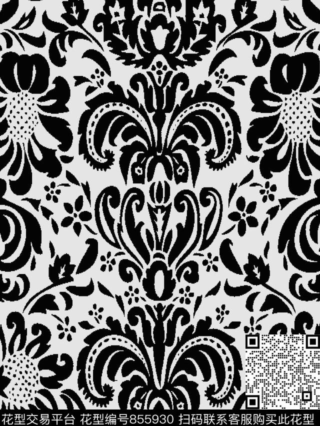 单色黑白花对称传统印花华亿平台下载（图片编号: 855930） - 瓦栏（Walan）