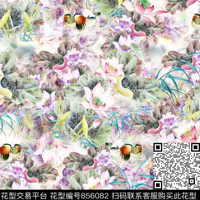 荷花工笔花卉鸳鸯数码印花华亿平台下载（图片编号: 856082） - 瓦栏（Walan）