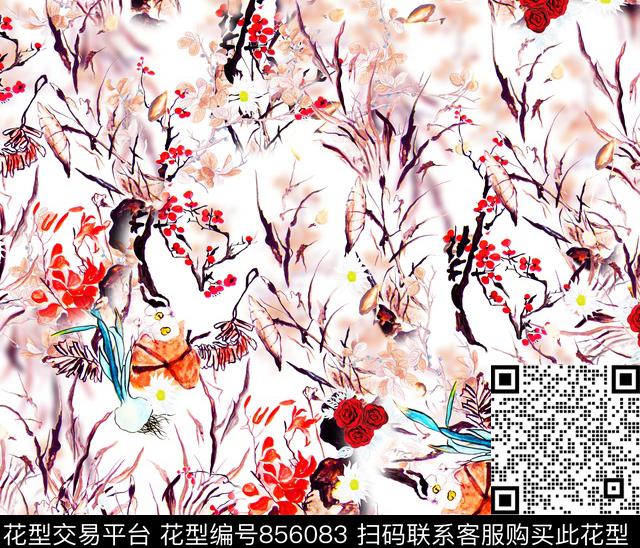 手绘花卉梅花水墨数码印花华亿平台下载（图片编号: 856083） - 瓦栏（Walan）