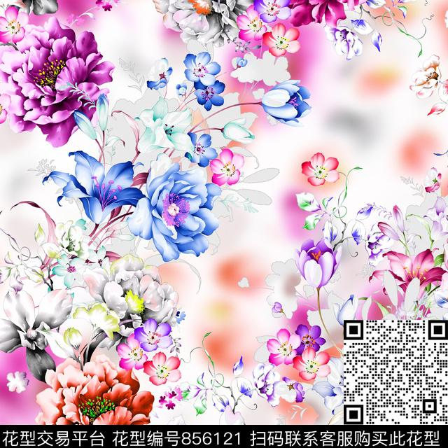 柔美清新手绘花卉数码印花华亿平台下载（图片编号: 856121） - 瓦栏（Walan）