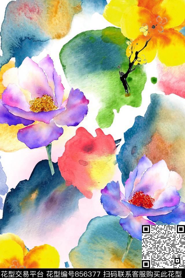 水彩花卉抽象数码印花华亿平台下载（图片编号: 856377） - 瓦栏（Walan）