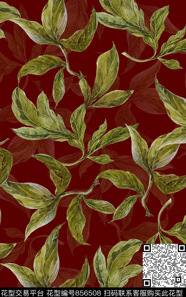 叶子水彩手绘数码印花华亿平台下载（图片编号: 856508） - 瓦栏（Walan）