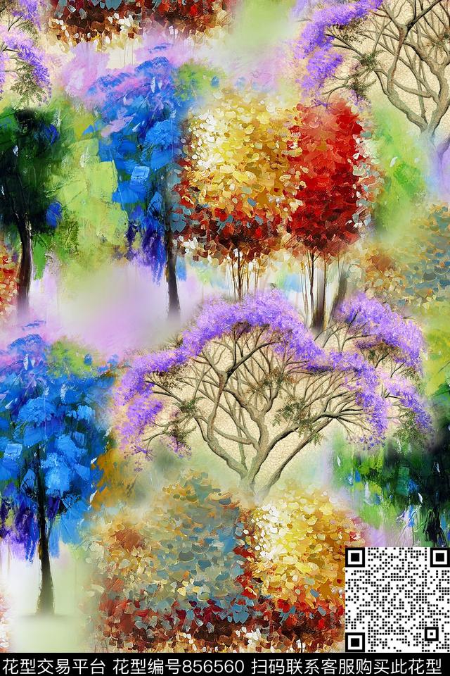 抽象油画树数码印花华亿平台下载（图片编号: 856560） - 瓦栏（Walan）