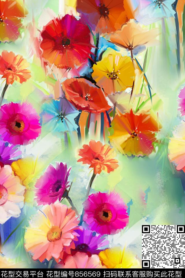 花卉水彩雏菊数码印花华亿平台下载（图片编号: 856569） - 瓦栏（Walan）
