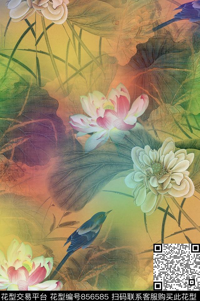 中国风炫彩荷花数码印花华亿平台下载（图片编号: 856585） - 瓦栏（Walan）