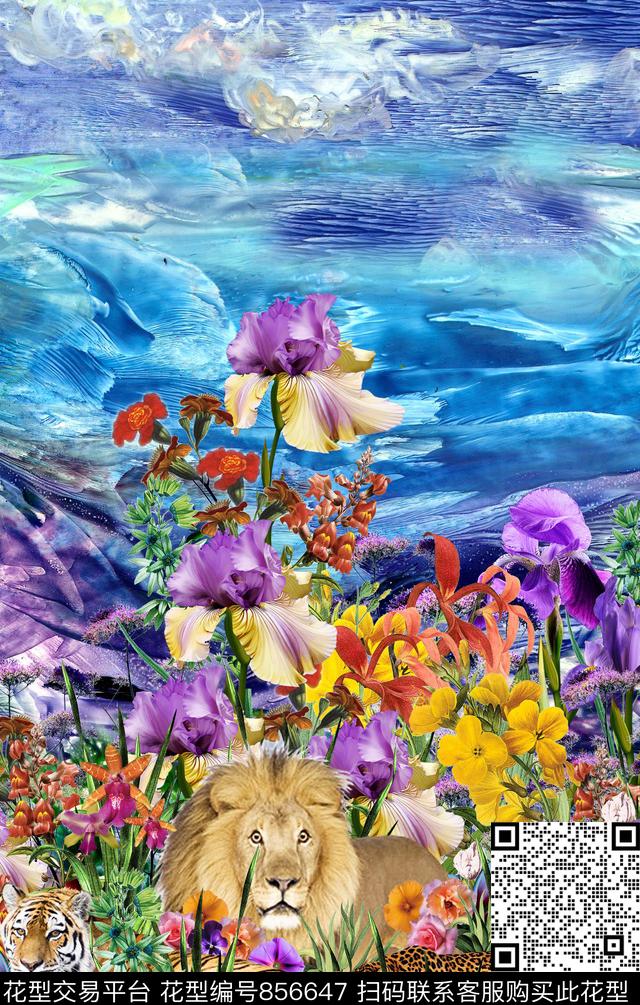 动物狮子花卉数码印花华亿平台下载（图片编号: 856647） - 瓦栏（Walan）