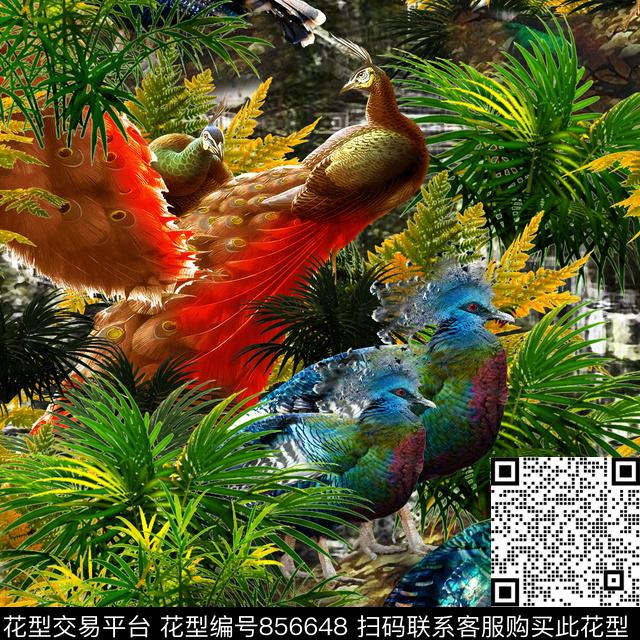 孔雀鸟绿色植物图案数码印花华亿平台下载（图片编号: 856648） - 瓦栏（Walan）
