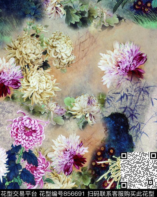 花朵菊花花鸟数码印花华亿平台下载（图片编号: 856691） - 瓦栏（Walan）
