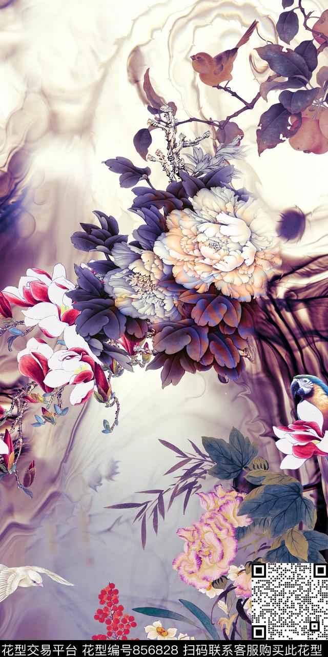 中国风定位花鸟数码印花华亿平台下载（图片编号: 856828） - 瓦栏（Walan）