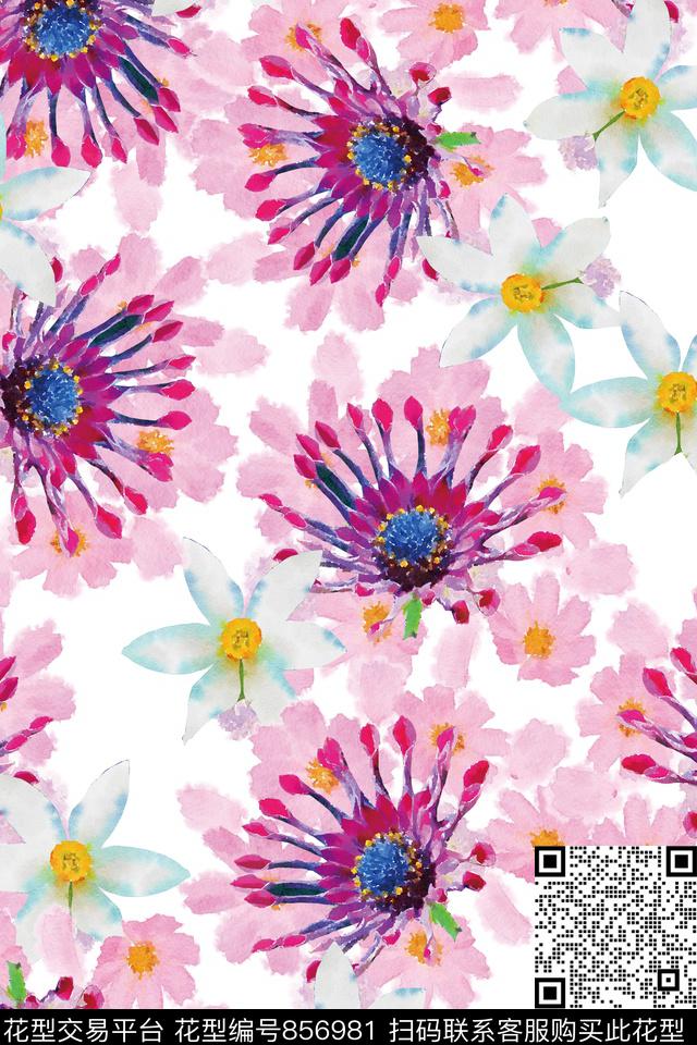 春天手绘花卉数码印花华亿平台下载（图片编号: 856981） - 瓦栏（Walan）
