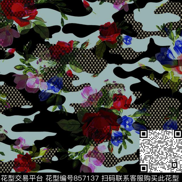 清新风花卉迷彩数码印花华亿平台下载（图片编号: 857137） - 瓦栏（Walan）