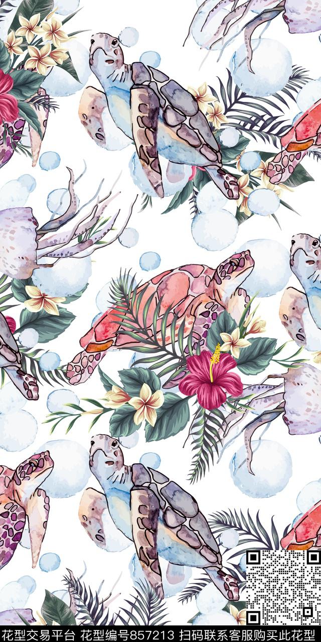 海龟夏威夷风热带植物数码印花华亿平台下载（图片编号: 857213） - 瓦栏（Walan）