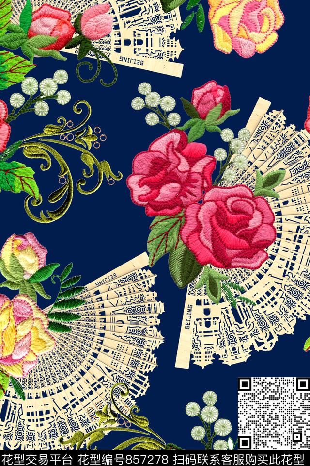 扇子民族风绣花数码印花华亿平台下载（图片编号: 857278） - 瓦栏（Walan）