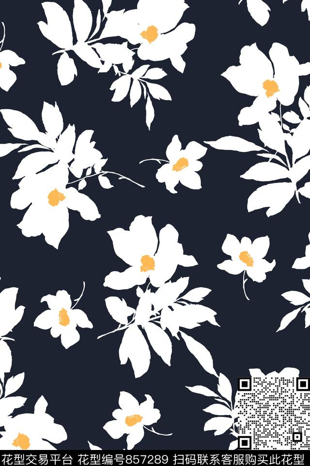 大花乱花手绘花卉黑白花传统印花华亿平台下载（图片编号: 857289） - 瓦栏（Walan）