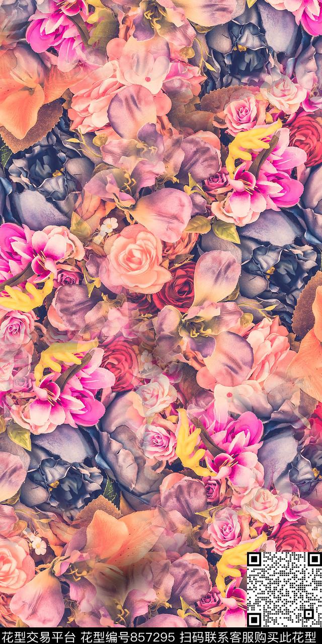 大花花朵乱花数码印花华亿平台下载（图片编号: 857295） - 瓦栏（Walan）