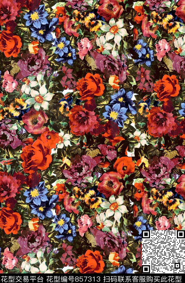 牡丹玫瑰花朵数码印花华亿平台下载（图片编号: 857313） - 瓦栏（Walan）
