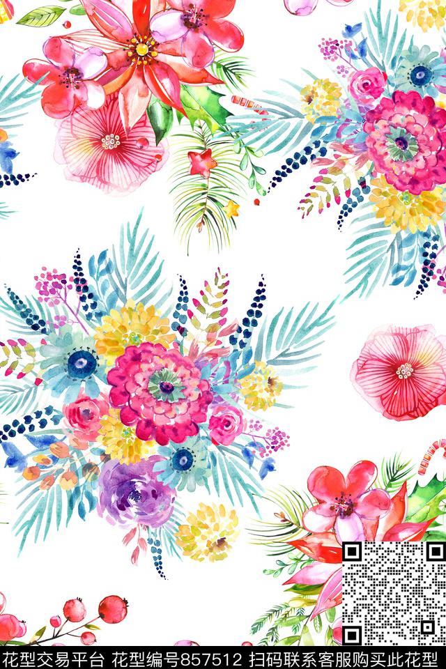 水彩花卉树叶数码印花华亿平台下载（图片编号: 857512） - 瓦栏（Walan）
