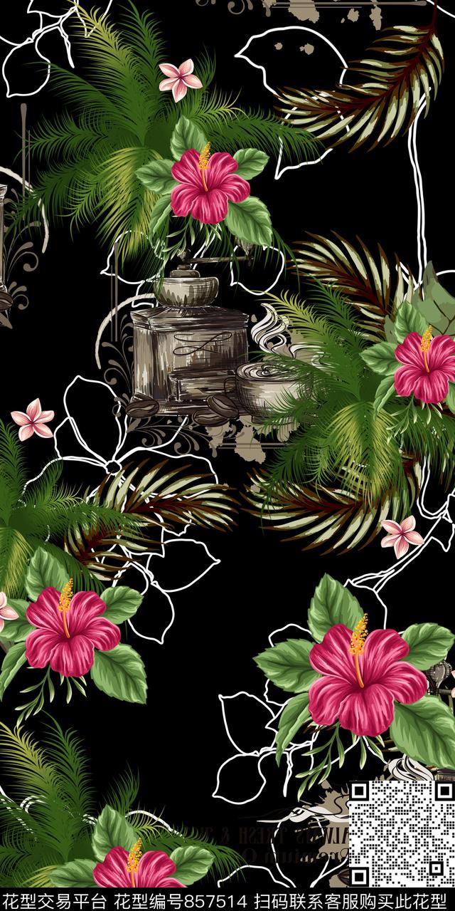 棕榈叶热带花卉数码印花华亿平台下载（图片编号: 857514） - 瓦栏（Walan）