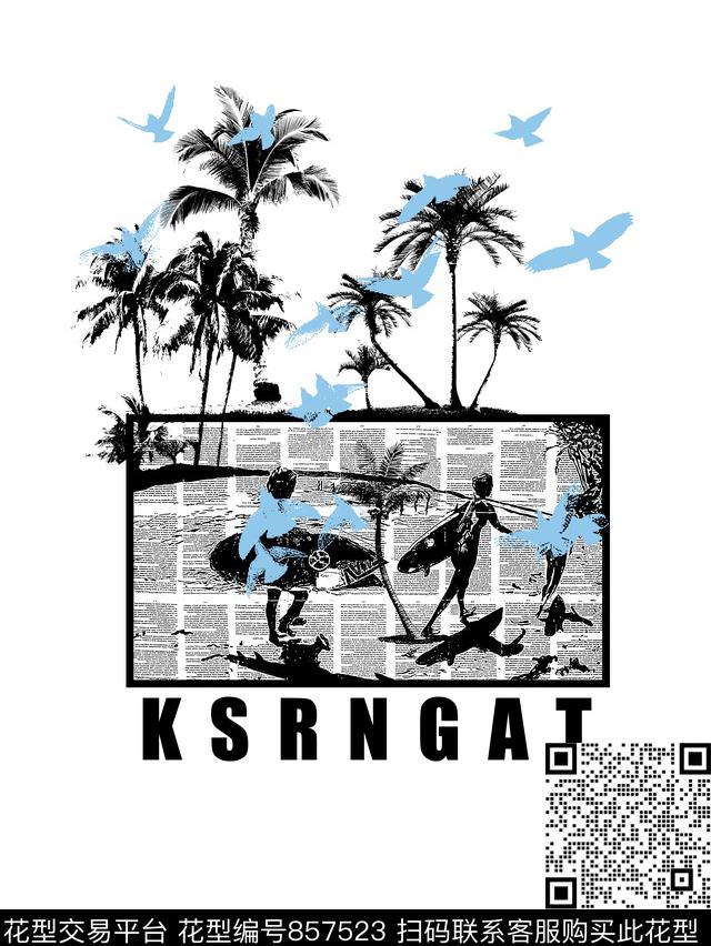 棷子树冲浪者飞鸟传统印花华亿平台下载（图片编号: 857523） - 瓦栏（Walan）