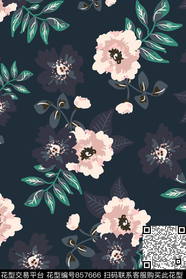 时尚淡雅手绘花卉数码印花华亿平台下载（图片编号: 857666） - 瓦栏（Walan）