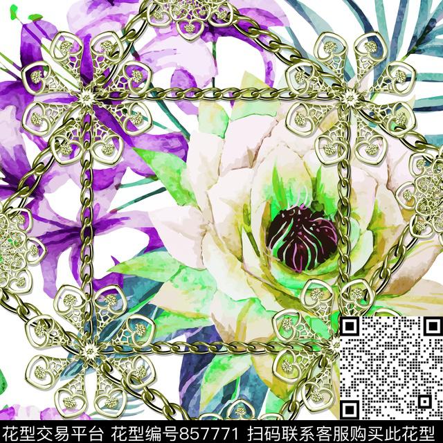 小方巾链条花卉数码印花华亿平台下载（图片编号: 857771） - 瓦栏（Walan）