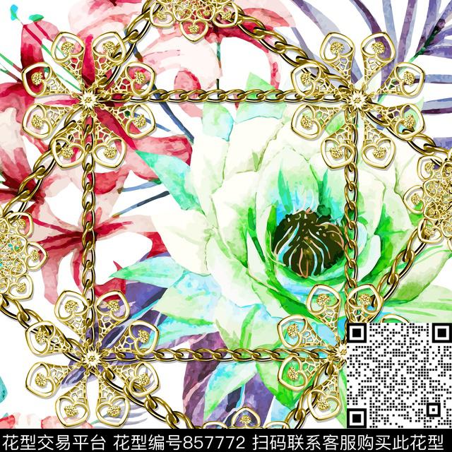 小方巾链条花卉数码印花华亿平台下载（图片编号: 857772） - 瓦栏（Walan）