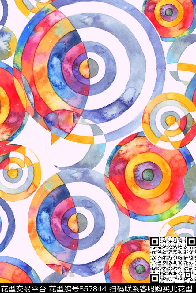 几何圆圈手绘水彩数码印花华亿平台下载（图片编号: 857844） - 瓦栏（Walan）