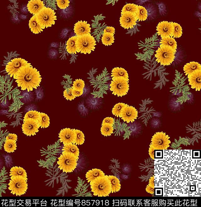 手绘花花卉菊花数码印花华亿平台下载（图片编号: 857918） - 瓦栏（Walan）