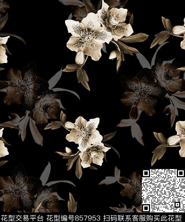 手绘花卉桃花大牌花数码印花华亿平台下载（图片编号: 857953） - 瓦栏（Walan）