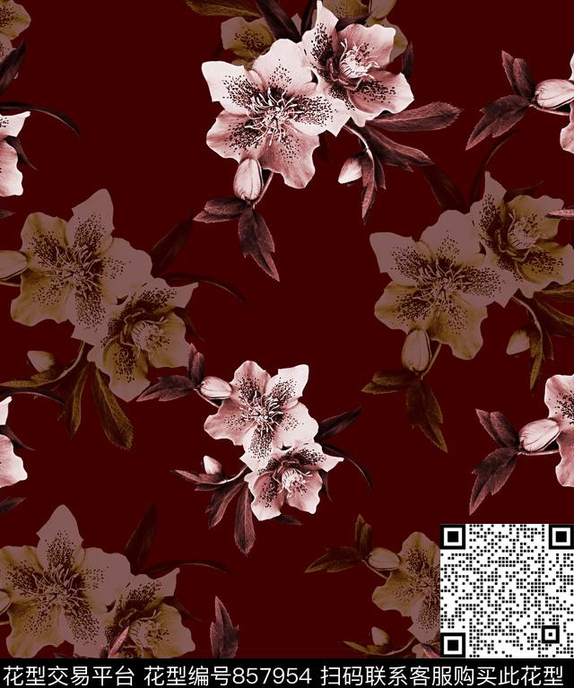 手绘花卉桃花大牌花数码印花华亿平台下载（图片编号: 857954） - 瓦栏（Walan）