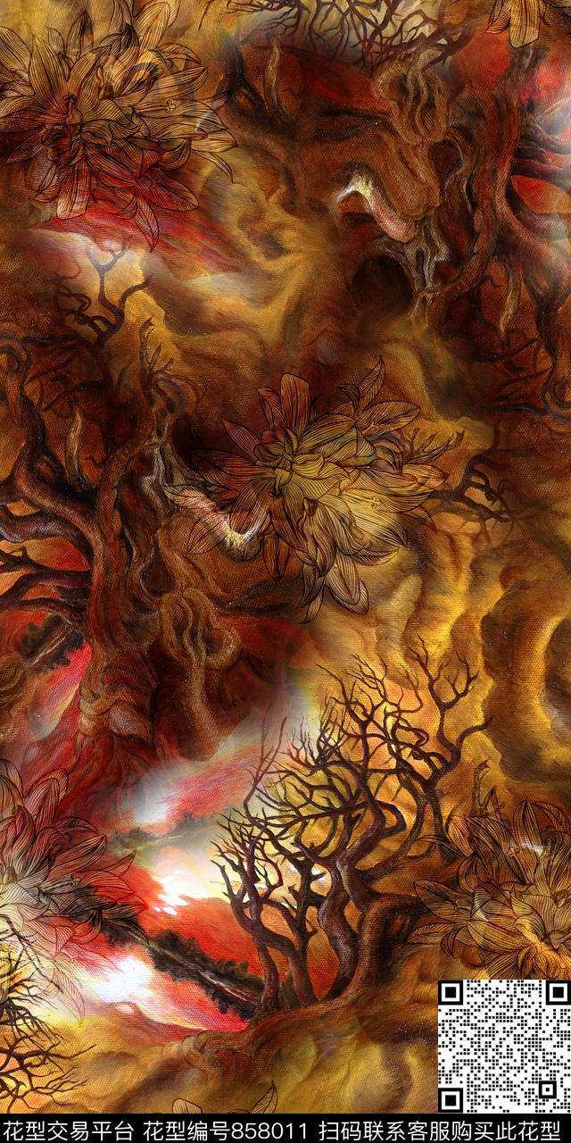 花卉树木油画数码印花华亿平台下载（图片编号: 858011） - 瓦栏（Walan）