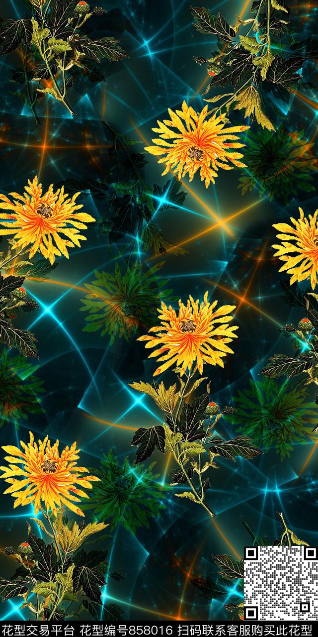 菊花雏菊花朵数码印花华亿平台下载（图片编号: 858016） - 瓦栏（Walan）