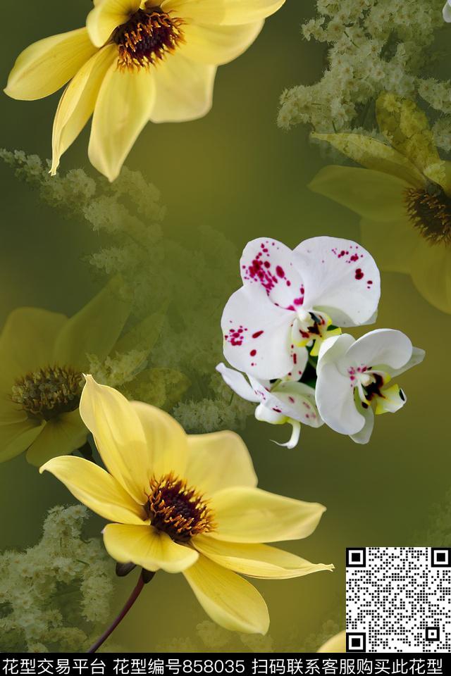 时尚手绘蝴蝶兰数码印花华亿平台下载（图片编号: 858035） - 瓦栏（Walan）