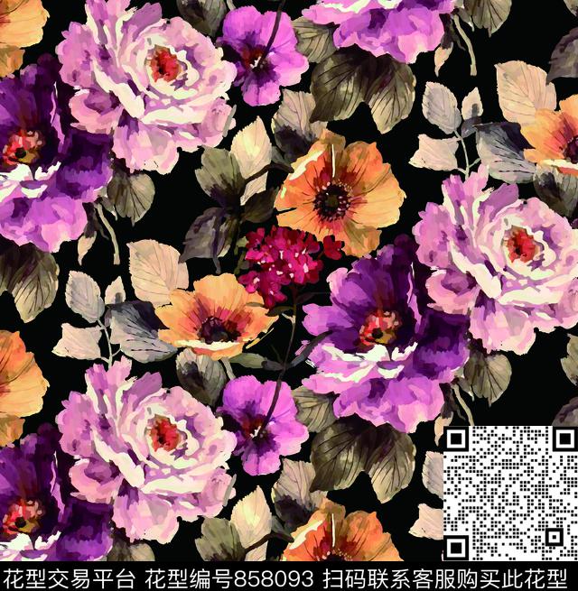 水彩机理花卉传统印花华亿平台下载（图片编号: 858093） - 瓦栏（Walan）
