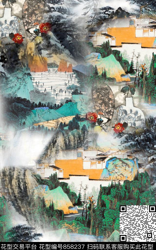 民族风中国画中国风数码印花华亿平台下载（图片编号: 858237） - 瓦栏（Walan）