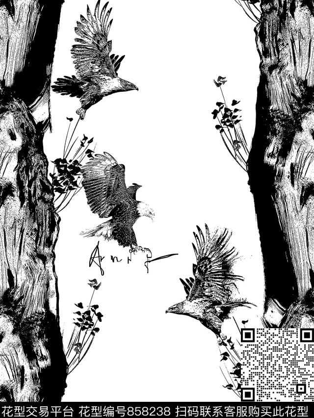 树枝老鹰鸟男装T恤华亿平台传统印花华亿平台下载（图片编号: 858238） - 瓦栏（Walan）