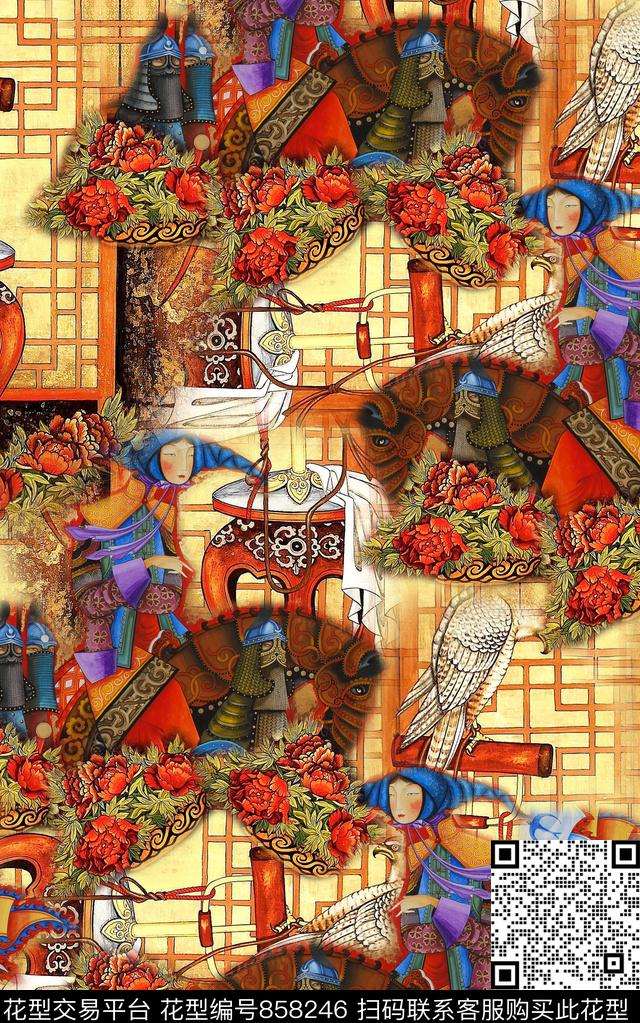 民族风中国画中国风数码印花华亿平台下载（图片编号: 858246） - 瓦栏（Walan）